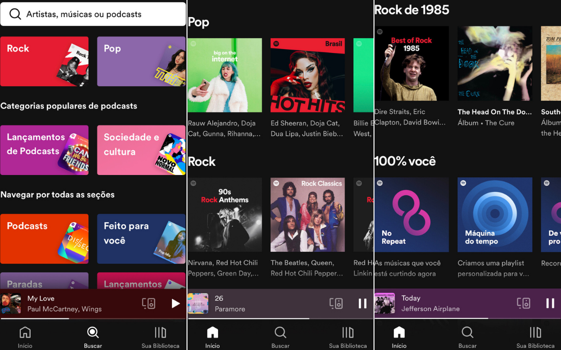 Capturas de tela mostram o layout do aplicativo do Spotify