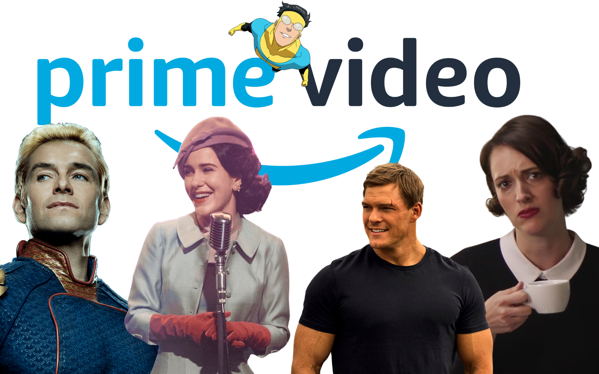 Capa da lista de melhores séries do Amazon Prime Video com imagens de The Boys, Invencível, The Marvelous Mrs. Maisel, Reacher e Fleabag