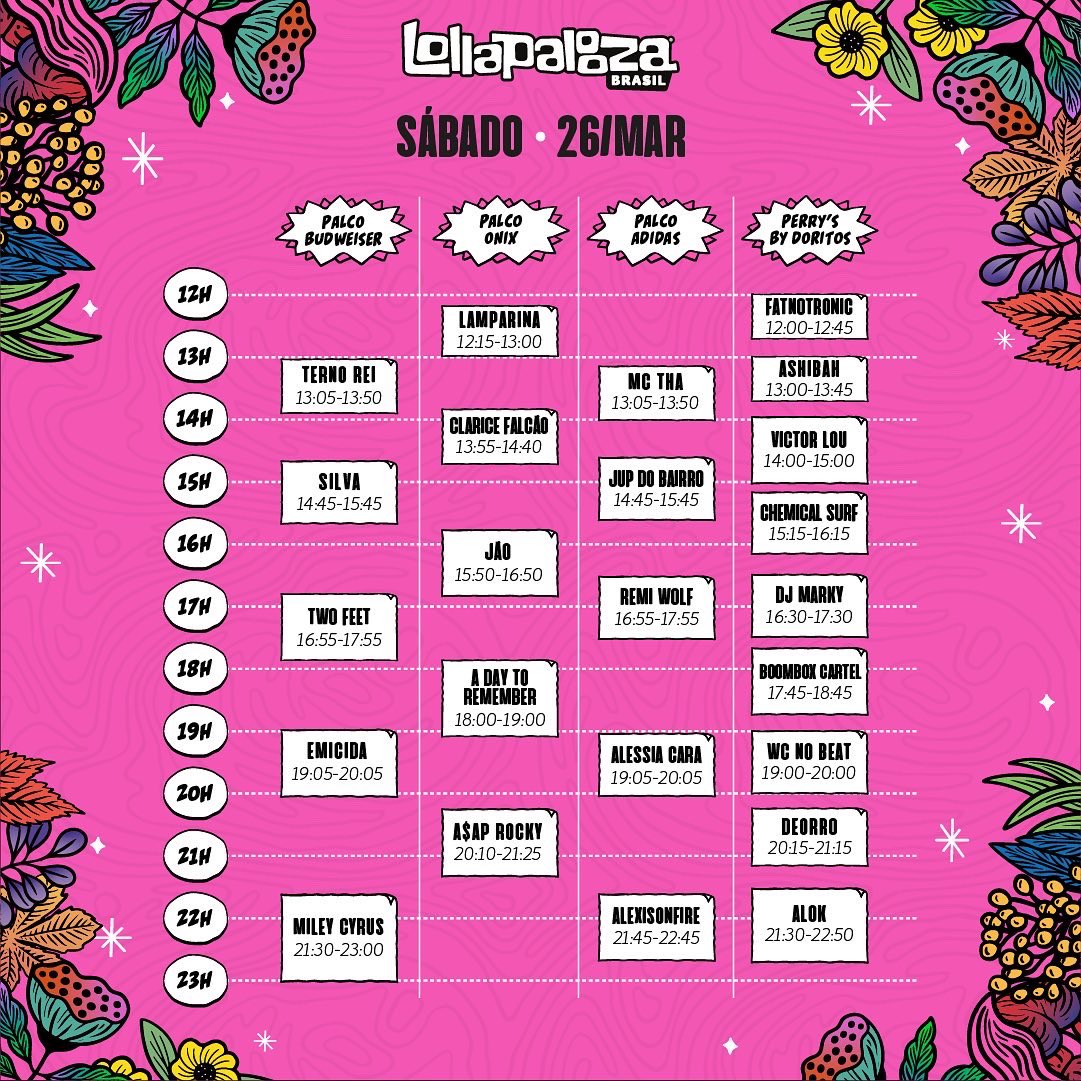 Horários e palcos de sábado no Lollapalooza