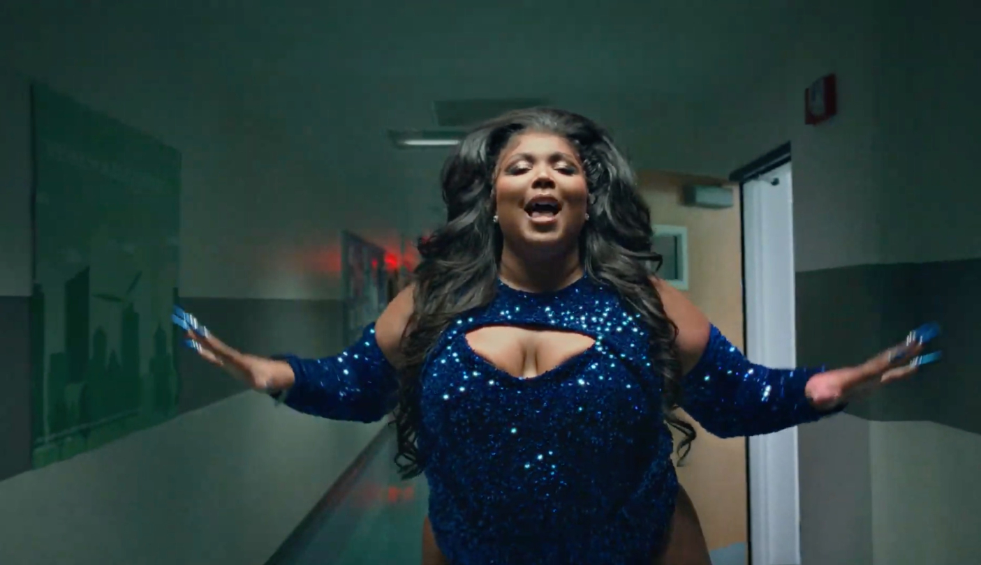 Scene from the video for About Damn Time, by Lizzo, one of the releases of the week