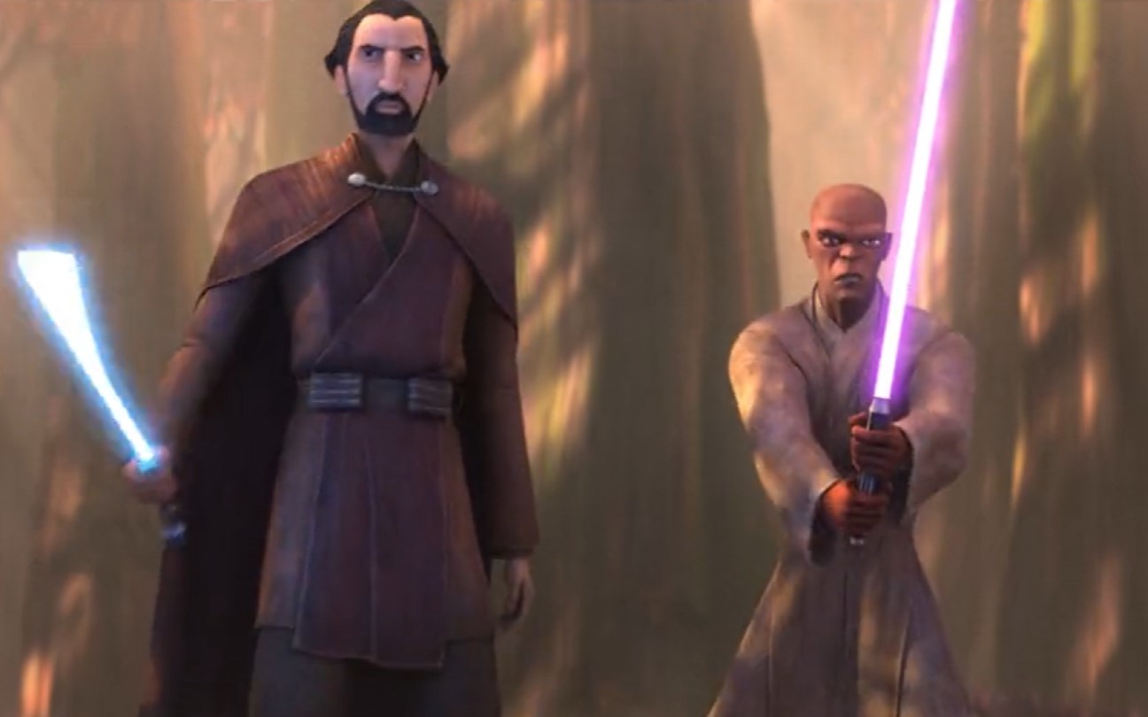 Conde Dooku e Mace Windu em cena de Histórias dos Jedis