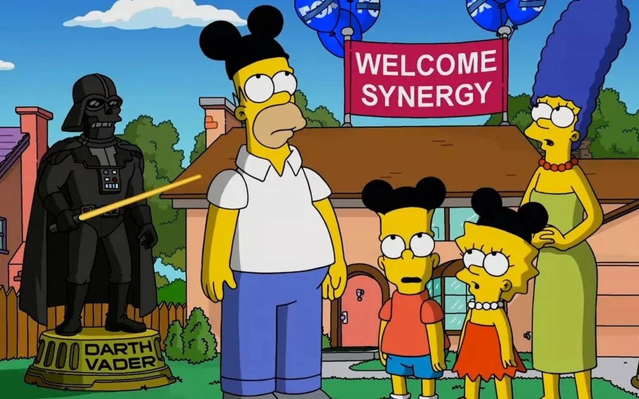 Homer, Bart, Lisa e Marge com chapéus do Mickey ao lado de Darth Vader em Os Simpsons