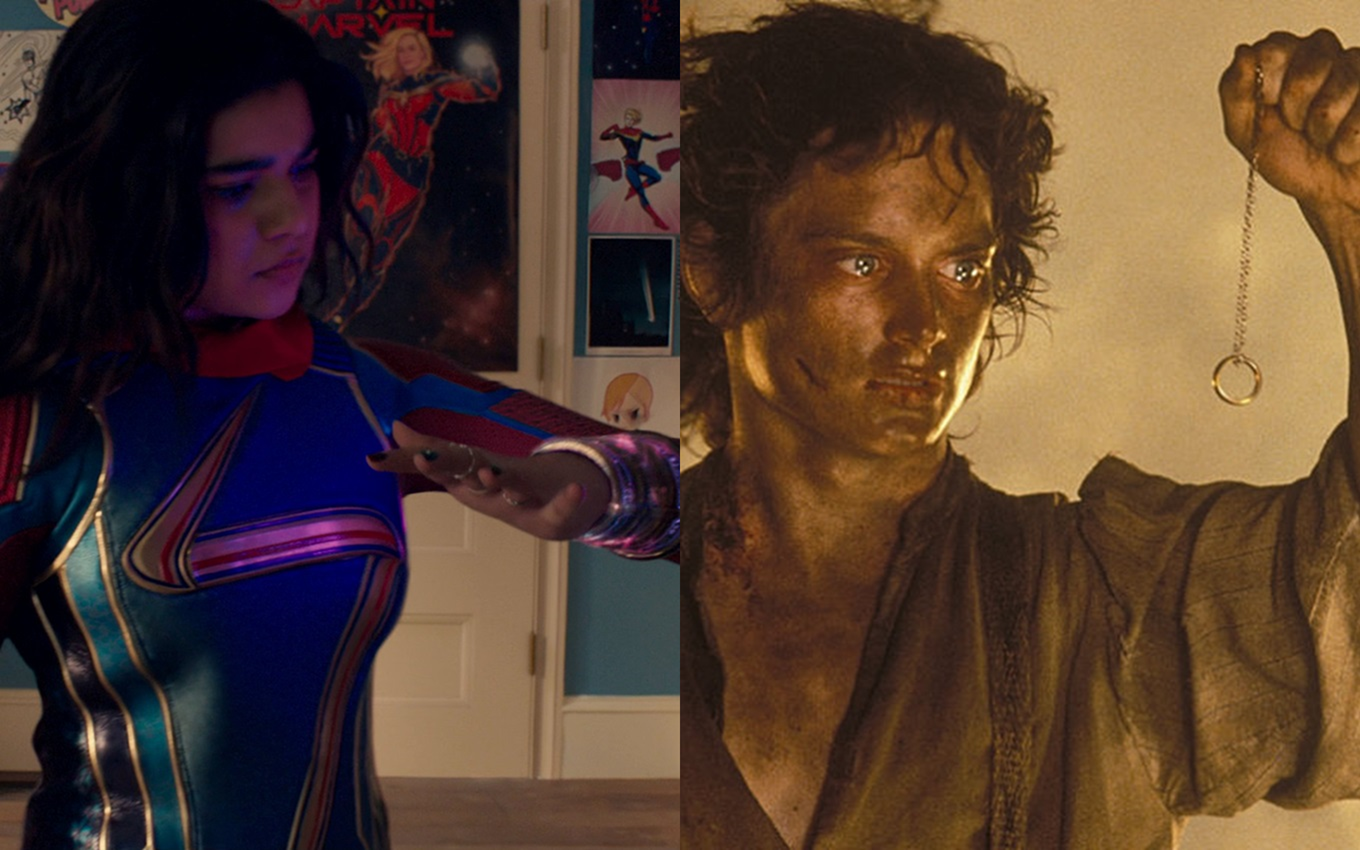 Montagem como Ms. Marvel (Iman Vellani) e Frodo (Elijah Wood)