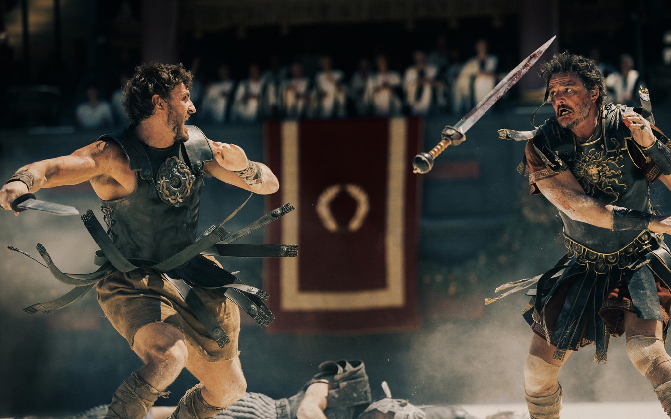 Paul Mescal e Pedro Pascal em cena de Gladiador 2