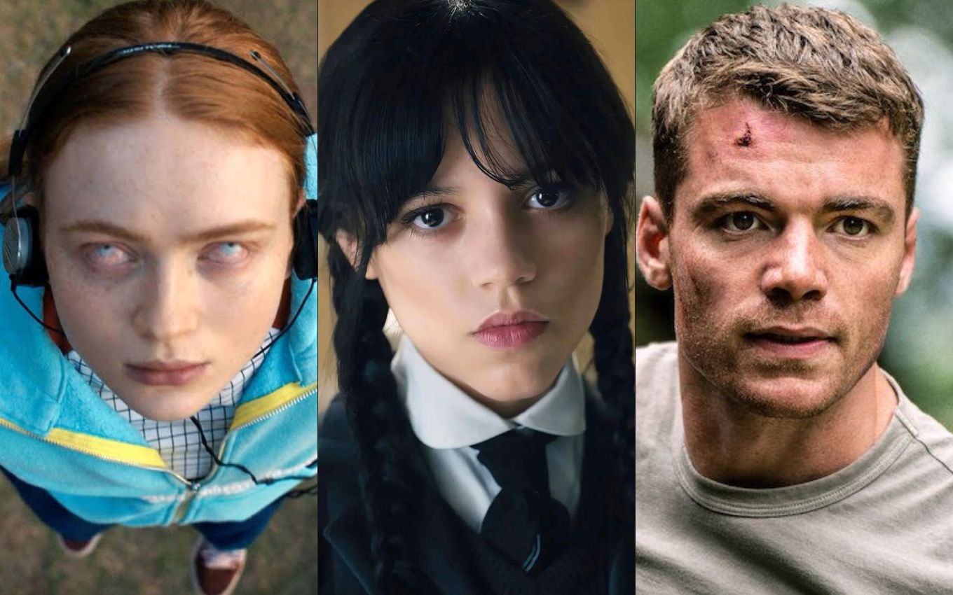 Cenas de Stranger Things, Wandinha e O Agente Noturno, séries que estão no Top 10 histórico da Netflix